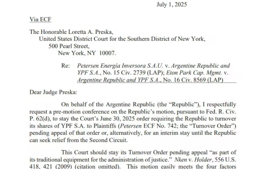  Caso YPF: el Gobierno presentó un escrito ante la justicia de EE.UU. para frenar el fallo de Preska